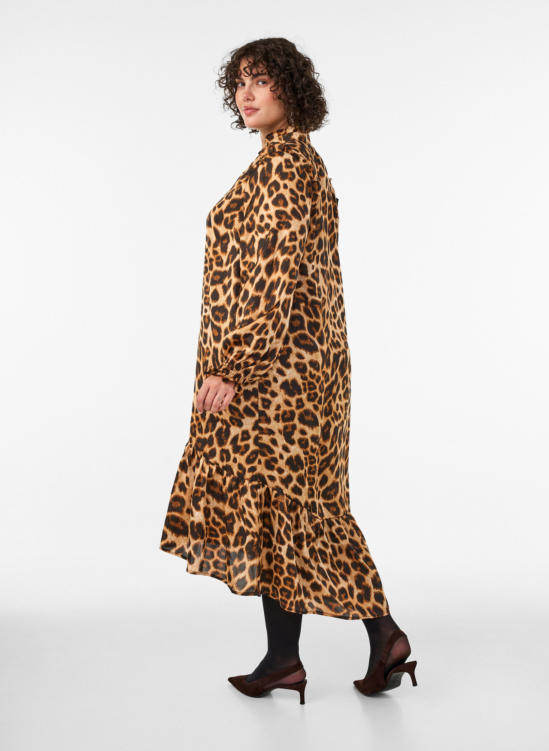 ZizziJurk met luipaardprint en ruches, Bruin, Model image number 1