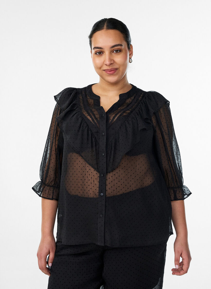 Transparante blouse met stippen en ruchesdetails, Zwart, Model image number 0