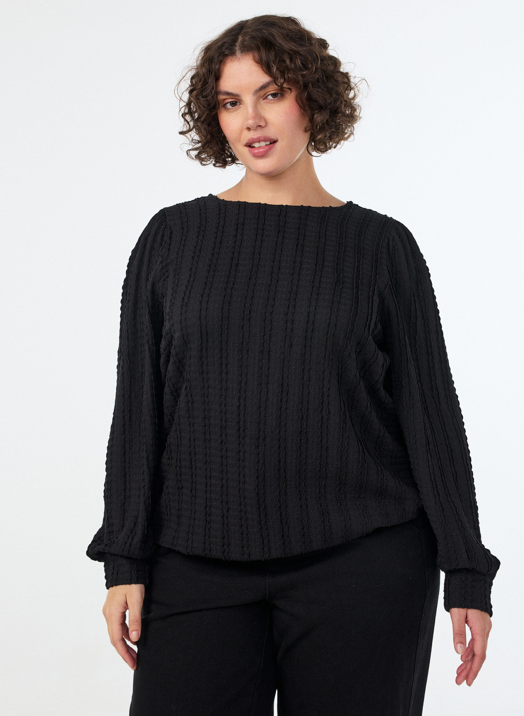 Jersey blouse met structuur en ballonsilhouet, Zwart, Model