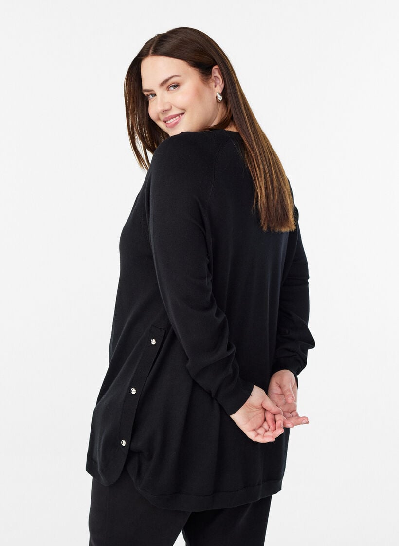 Gebreide blouse met knopen aan de zijkant, Zwart, Model image number 2