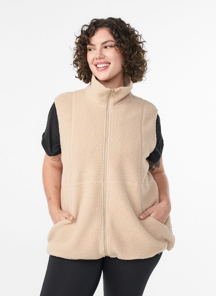 Teddy vest met zakken, Beige, Model image number 0