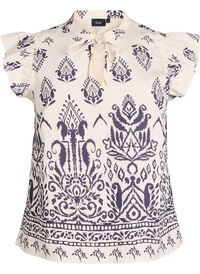 Mouwloze blouse met ruche en print, Beige Mouwloze blouse met ruche en print