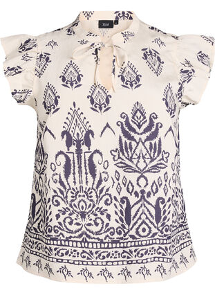 ZizziMouwloze blouse met ruche en print, Birch Black AOP, Packshot image number 0
