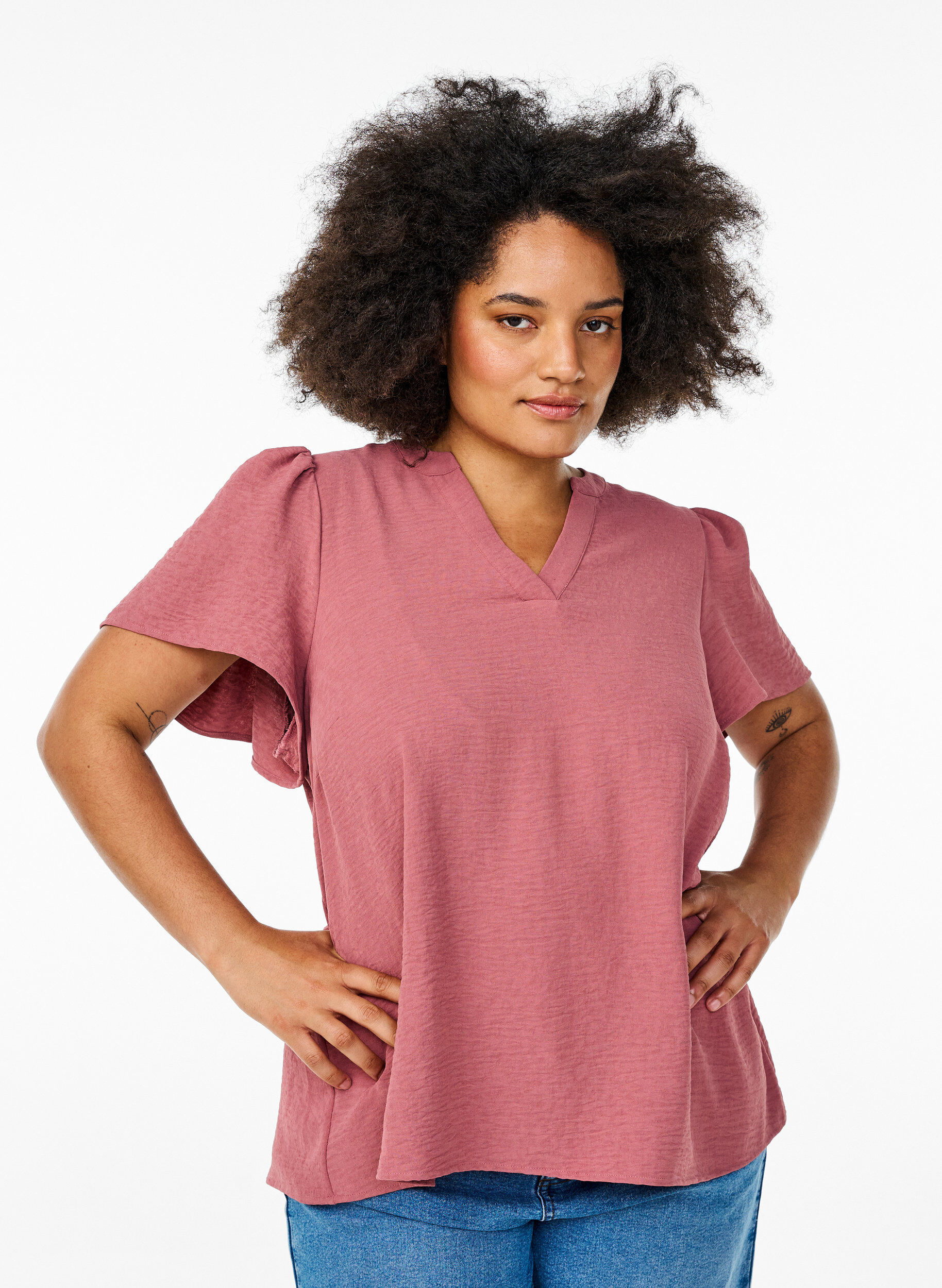 Blouse met korte mouwen met ruches en V-hals, Rood, Model