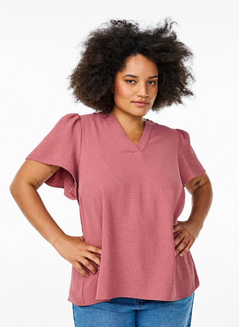 Blouse met korte mouwen met ruches en V-hals, Rood, Model image number 0