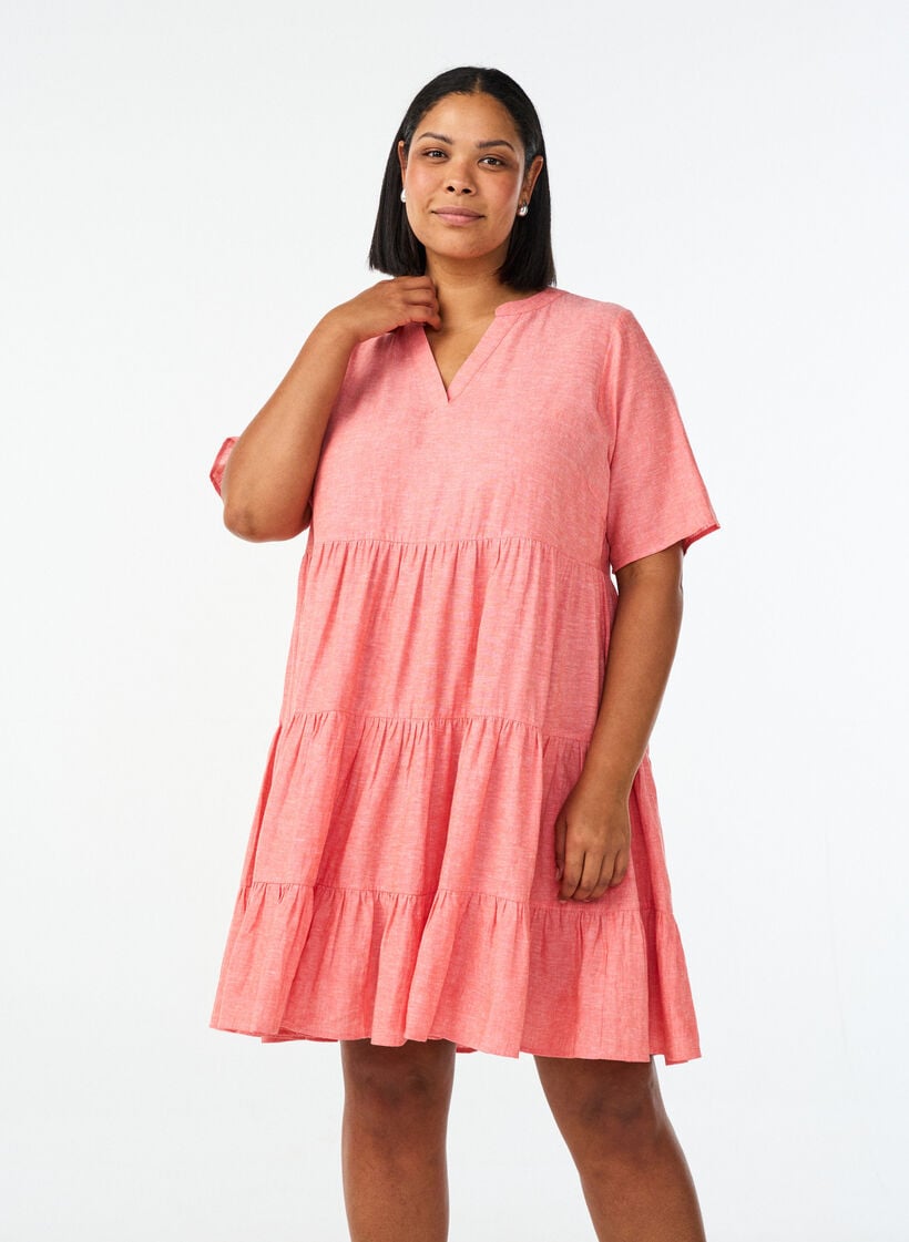 Robe A-line longueur genou en lin et viscose, Corail, Model image number 0