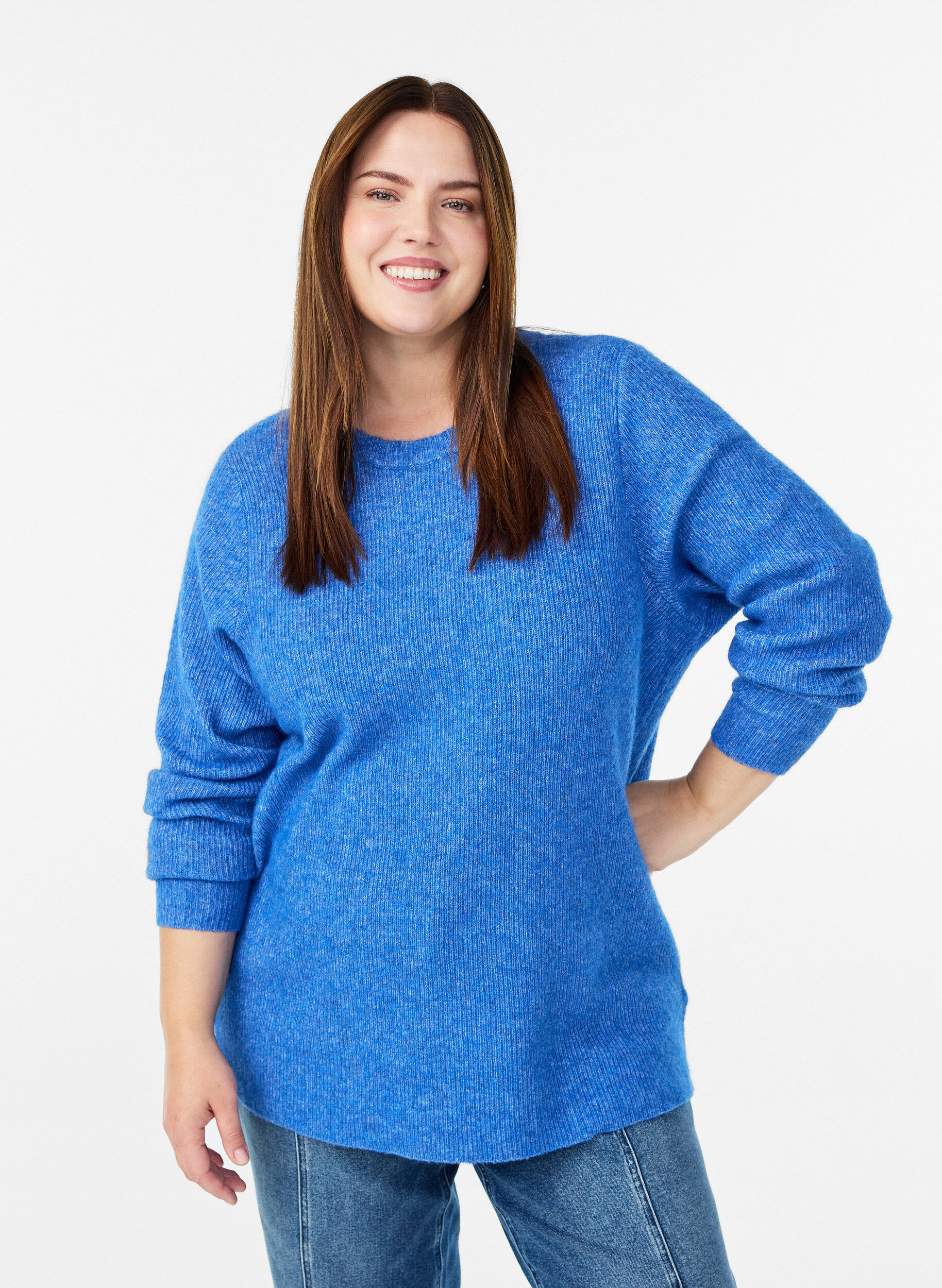 Gem&ecirc;leerde gebreide blouse met ronde hals, Blauw, Model