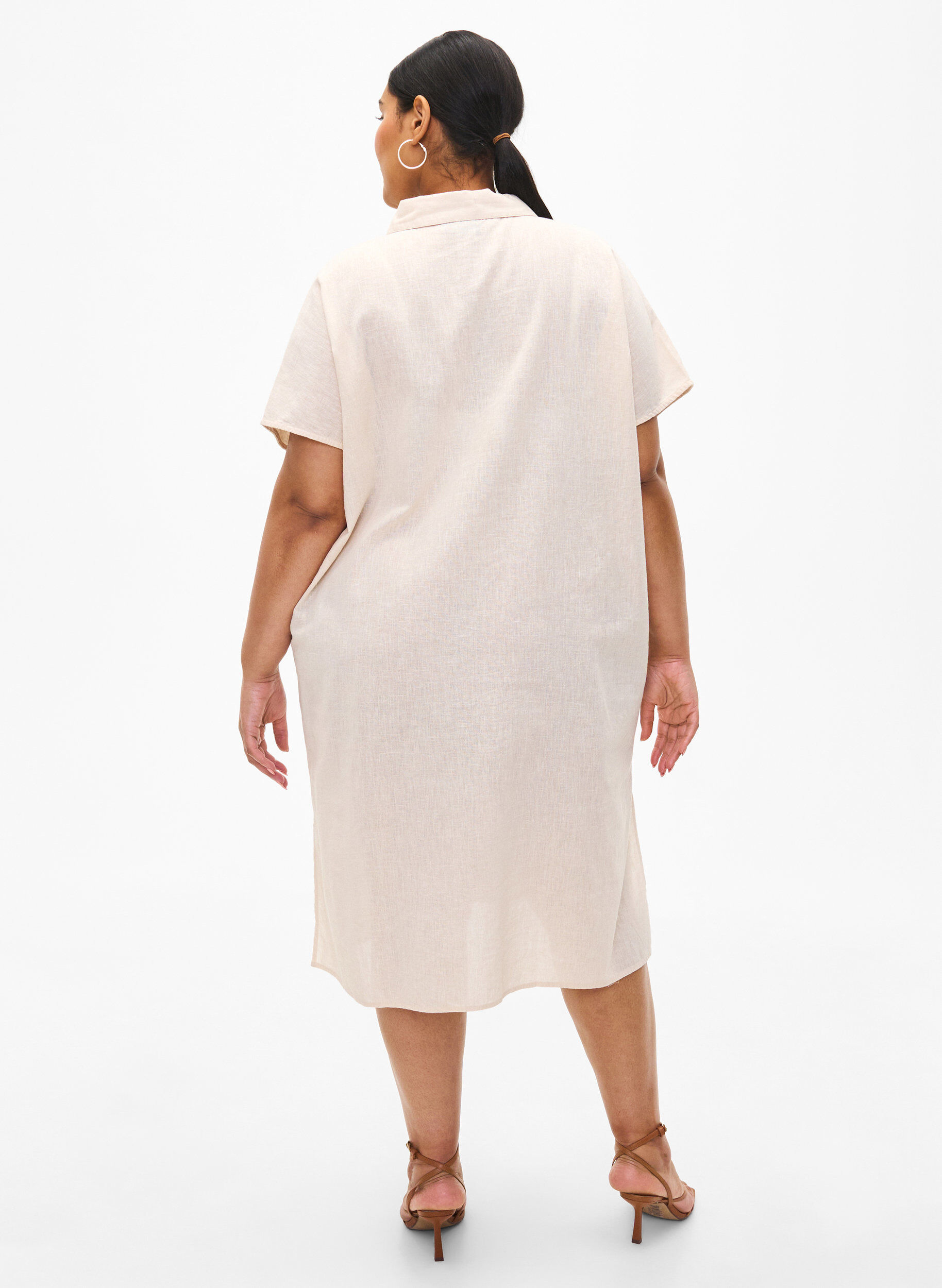 ZizziLang shirt van katoenmix met linnen, Beige, Model image number 2