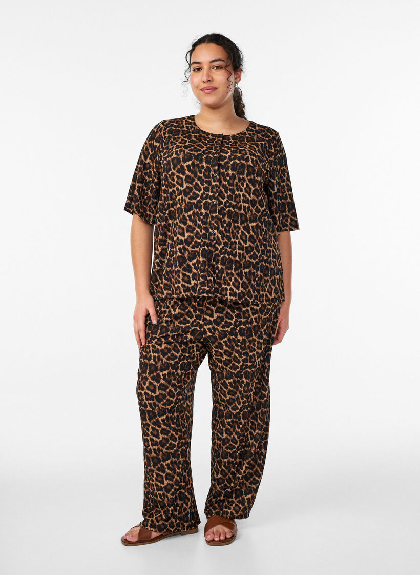 Broek met wijde pijpen in een licht gestructureerde stof, Zwart, Model image number 0