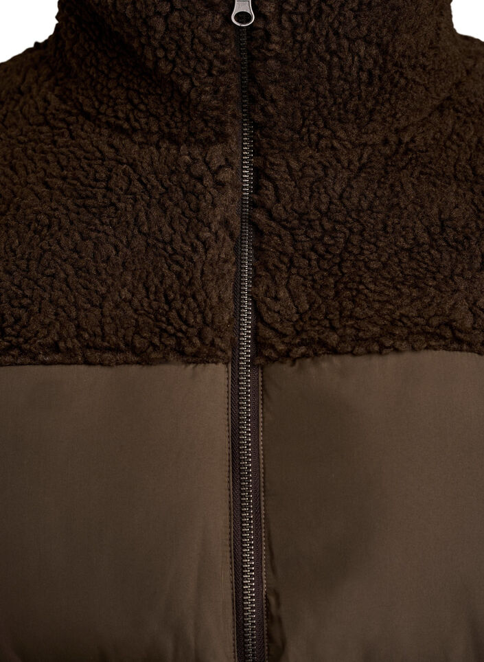 Halflange pufferjas met teddystof, Bruin, Packshot image number 2