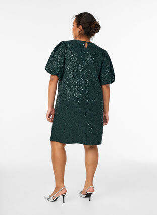 ZizziKorte jurk met pailletten en pofmouwen, Groen, Model image number 2
