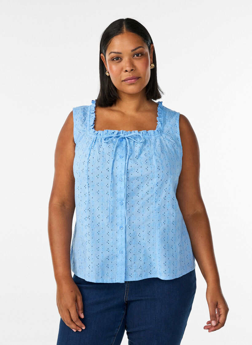 Mouwloze blouse met broderie anglaise en ruches, Blauw, Model image number 0
