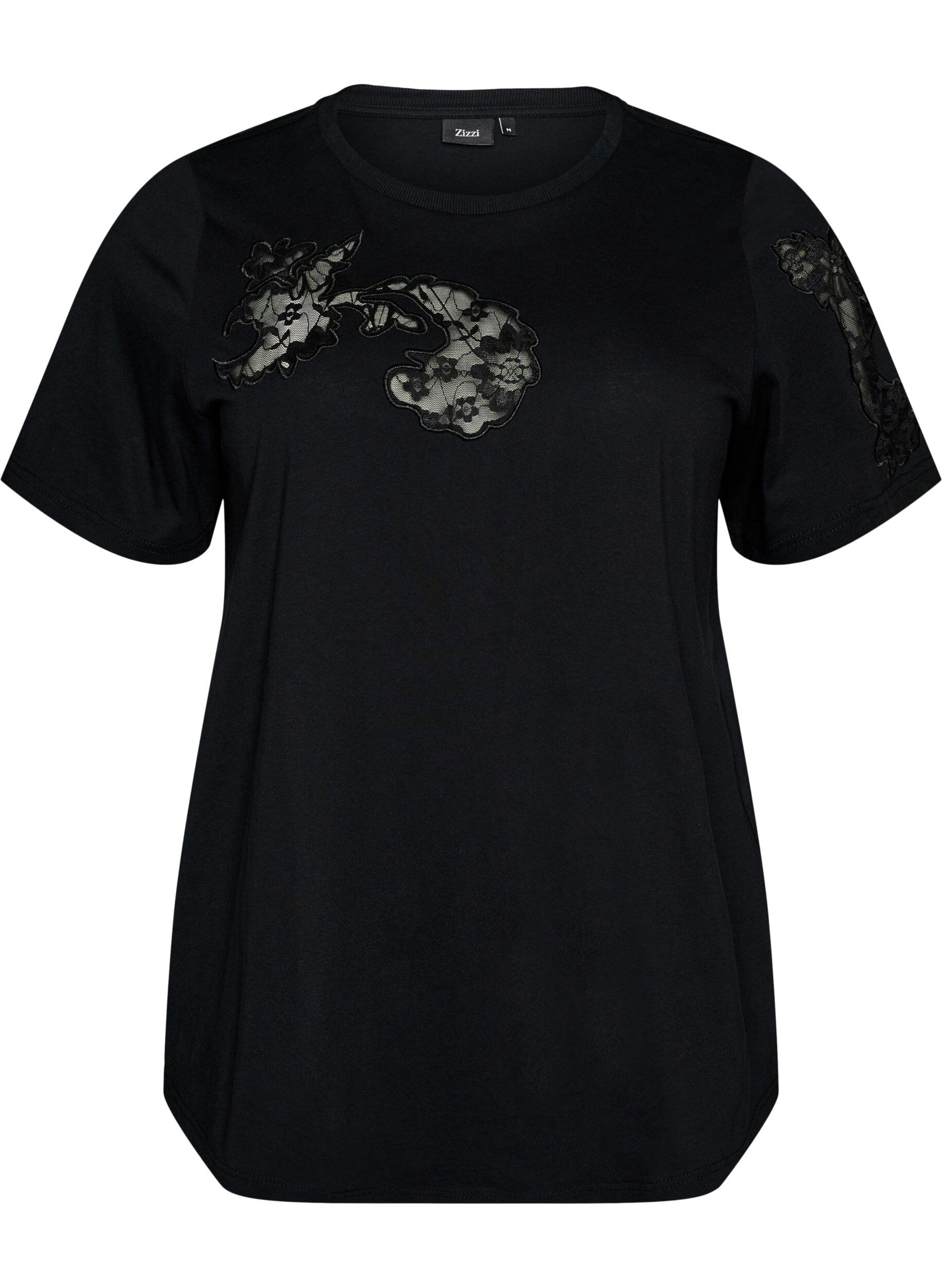 ZizziKatoenen T-shirt met kanten applicaties, Zwart, Packshot image number 0