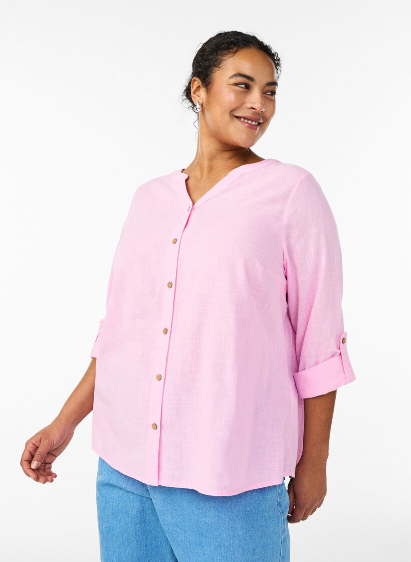 Katoenen blouse met V-hals, Roze, Model image number 0