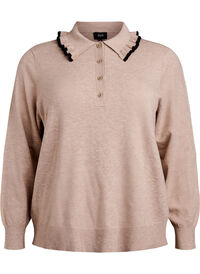Gebreide blouse met een kraag en contrasterende ruches, Beige Gebreide blouse met een kraag en contrasterende ruches