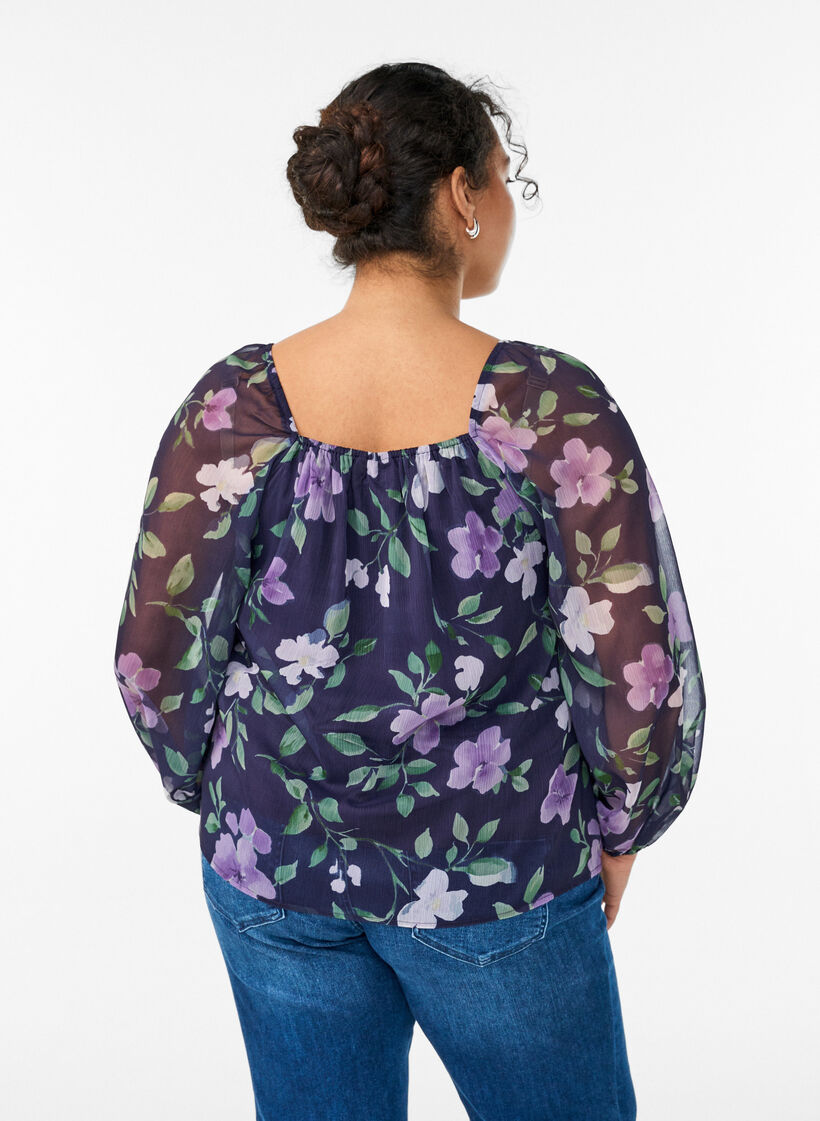 Chiffon blouse met bloemenprint en lange mouwen, Blauw, Model image number 2