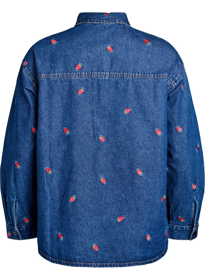 Denim shirt met geborduurde aardbeien, B. D. Strawberries, Packshot