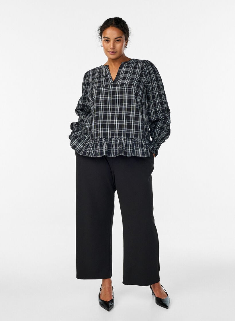 Blouse met ruitjes en ruchesdetails, Zwart, Model image number 1