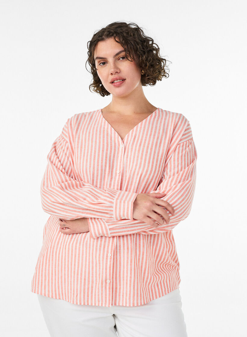 Blouse in linnen en viscose met V-hals, Oranje, Model image number 0