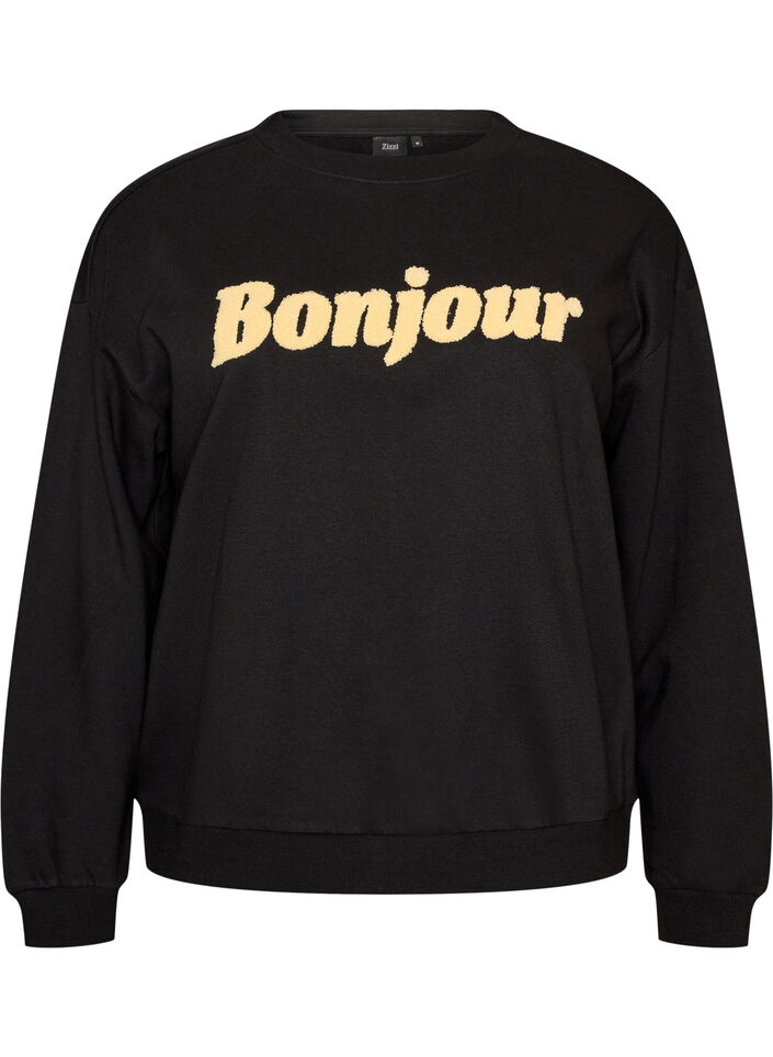 Sweatshirt met boucl&eacute;-tekstmotief, Zwart, Packshot image number 0