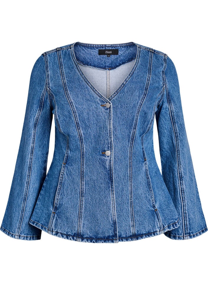Denimjack met vormende naden en een V-hals, Blauw, Packshot image number 0
