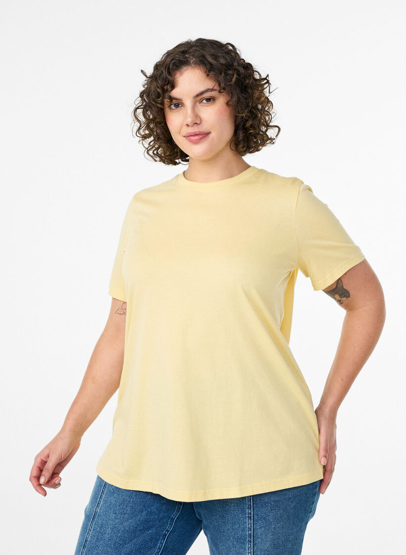 Basic katoenen T-shirt met ronde hals, Geel, Model image number 0