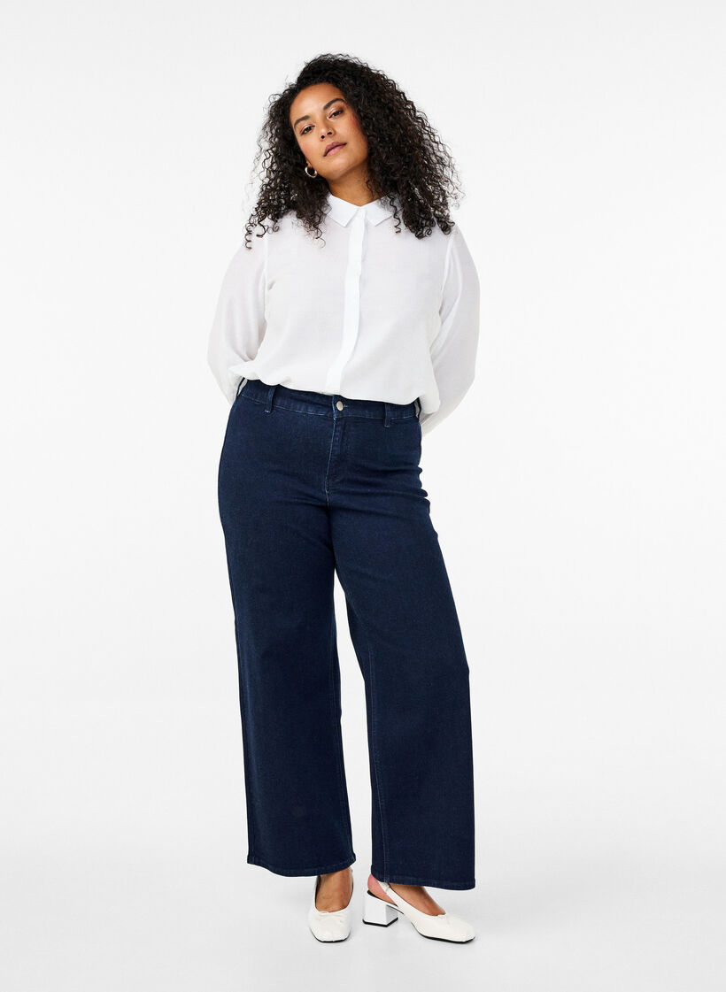 Jeans met hoge taille en wijde pijpen, Blauw, Model image number 0