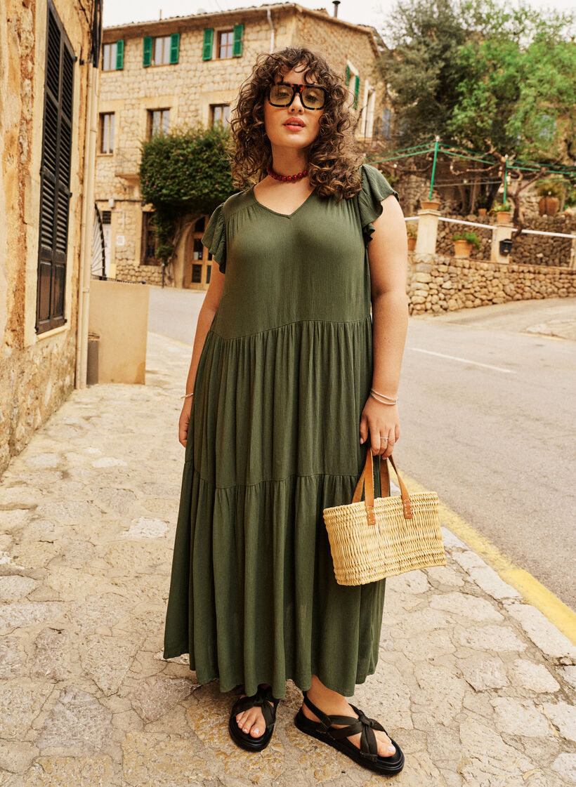 Midi jurk van viscose met ruches mouwen, Groen, Image
