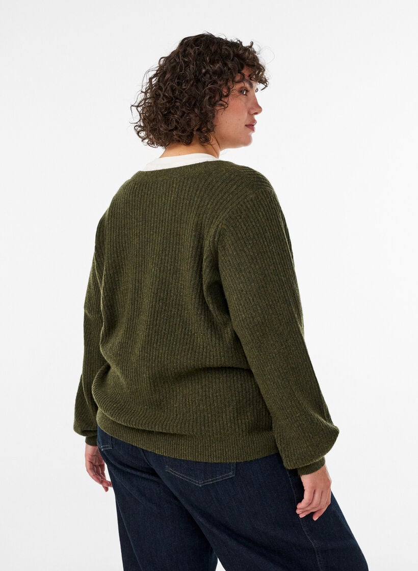 Vest met V-hals en ribstructuur, Groen, Model image number 2