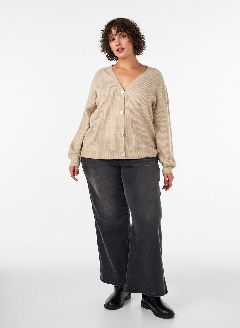 Vest met V-hals en ribstructuur, Beige, Model image number 1