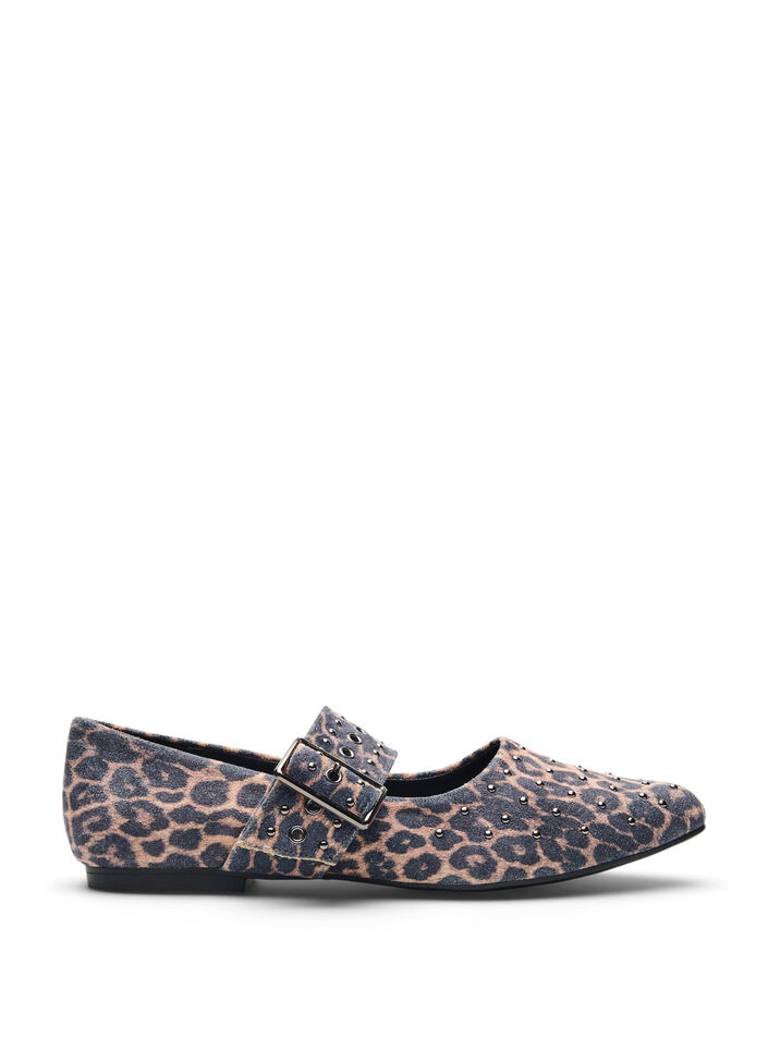 Wide fit - Luipaard print ballerina met gesp en studs, Leopard AOP, Packshot