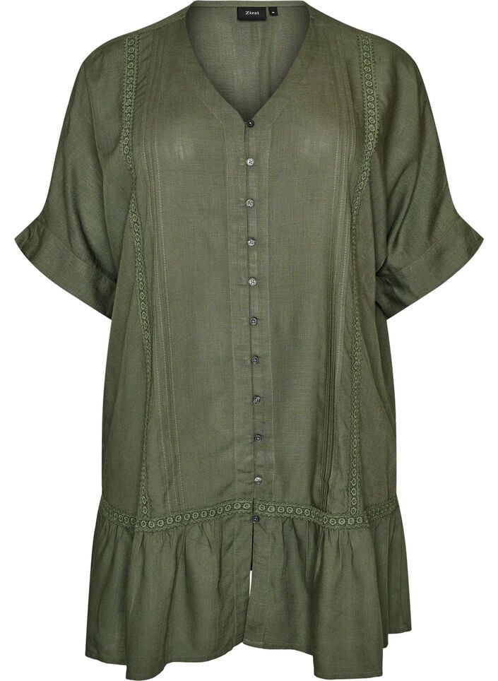 Viscose tuniek met knopen en rucherand, Groen, Packshot image number 0