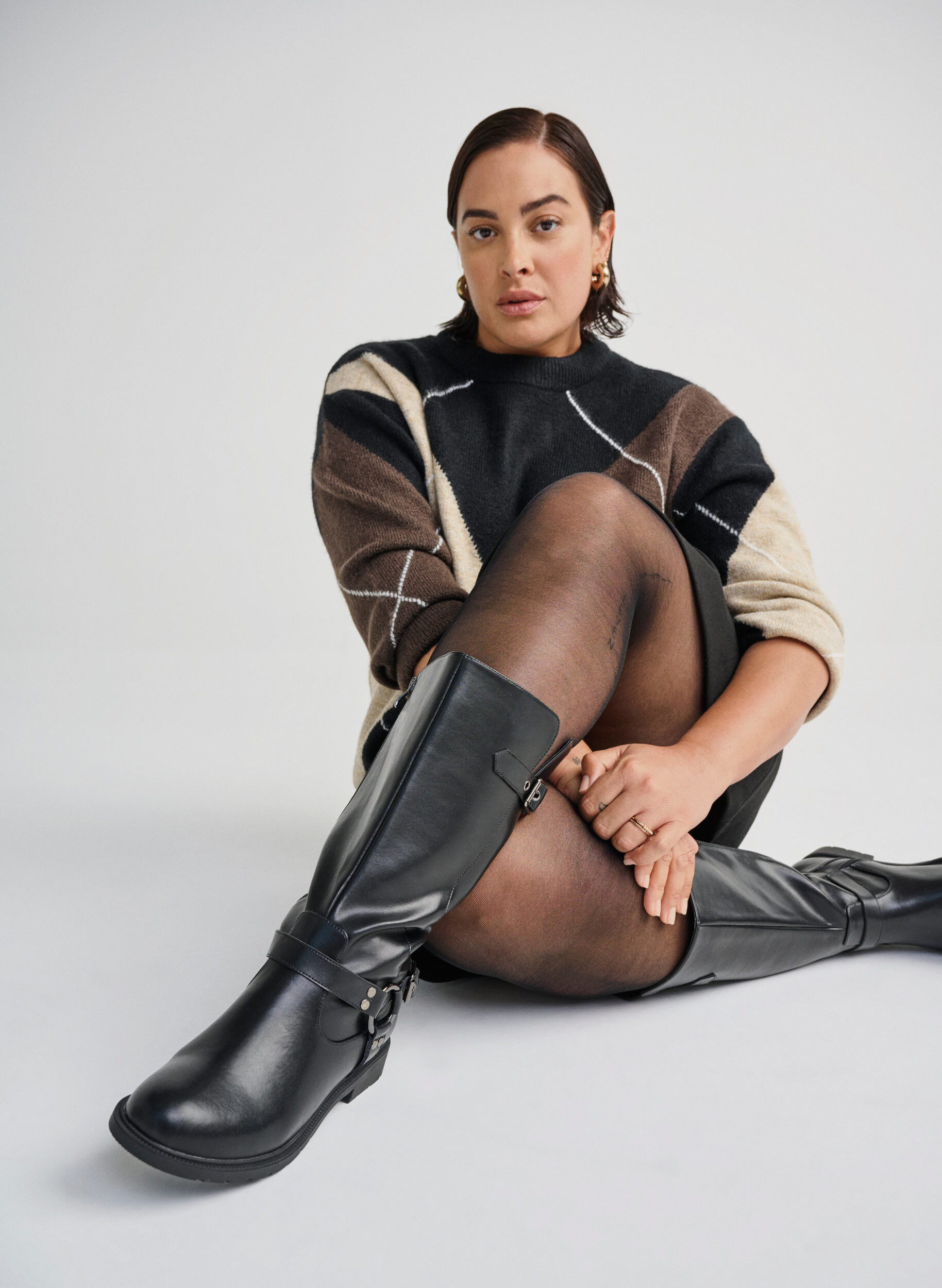 ZizziHoge laars van leer met decoratieve gespen, Zwart, Image image number 0