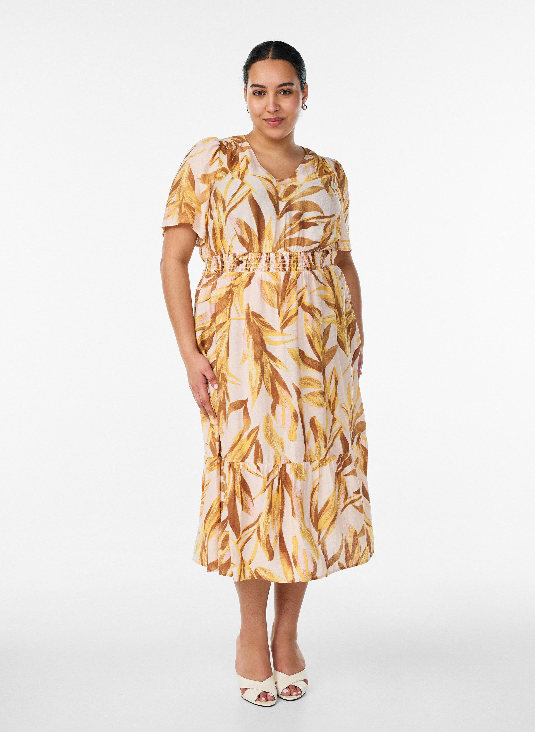 Viscose midijurk met bladprint en gesmokte taille, Geel, Model