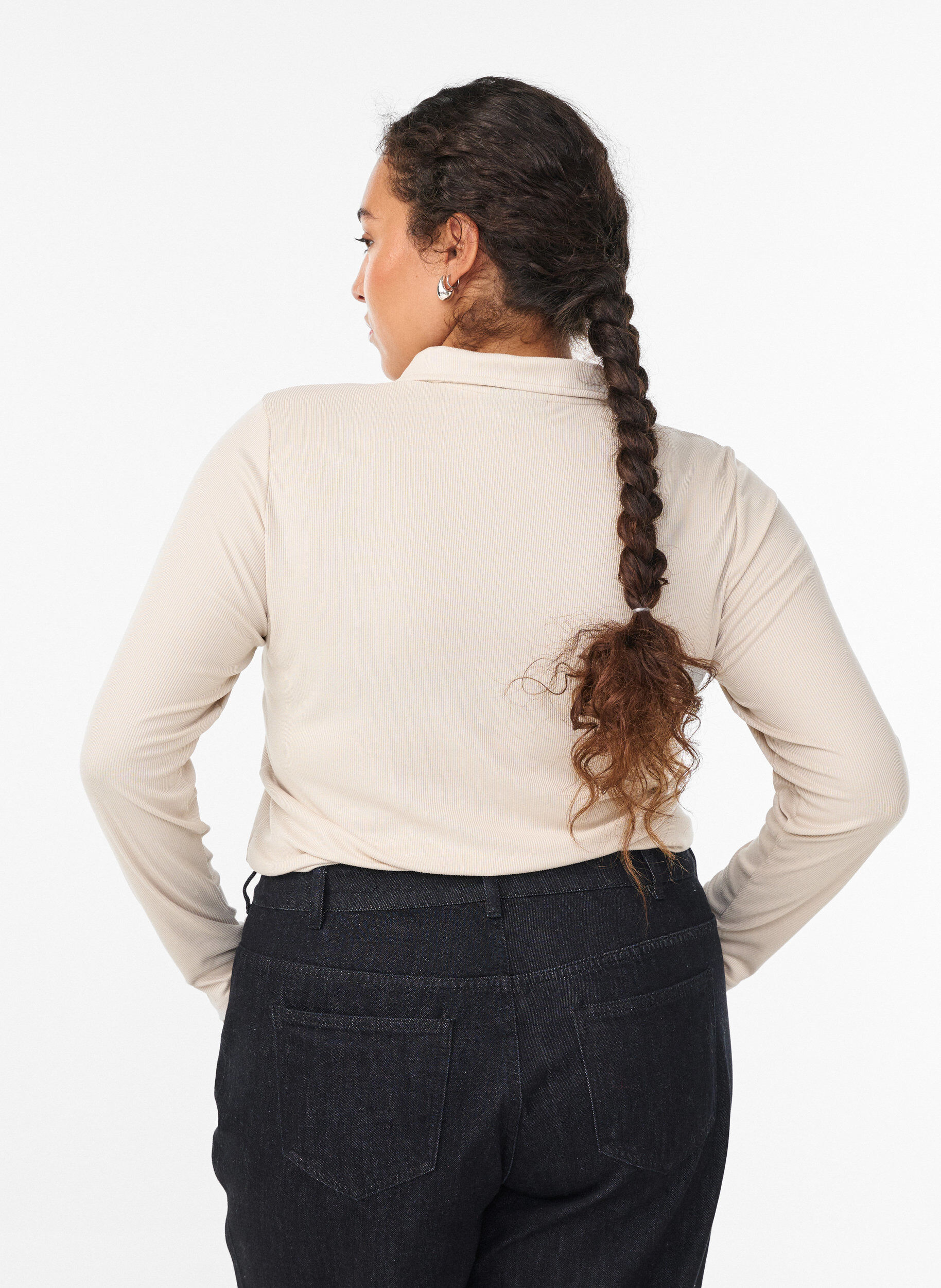 ZizziPolo in zachte rib met lange mouwen, Beige, Model image number 2