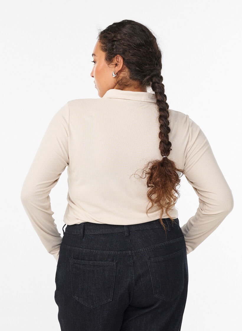 Polo in zachte rib met lange mouwen, Beige, Model image number 2