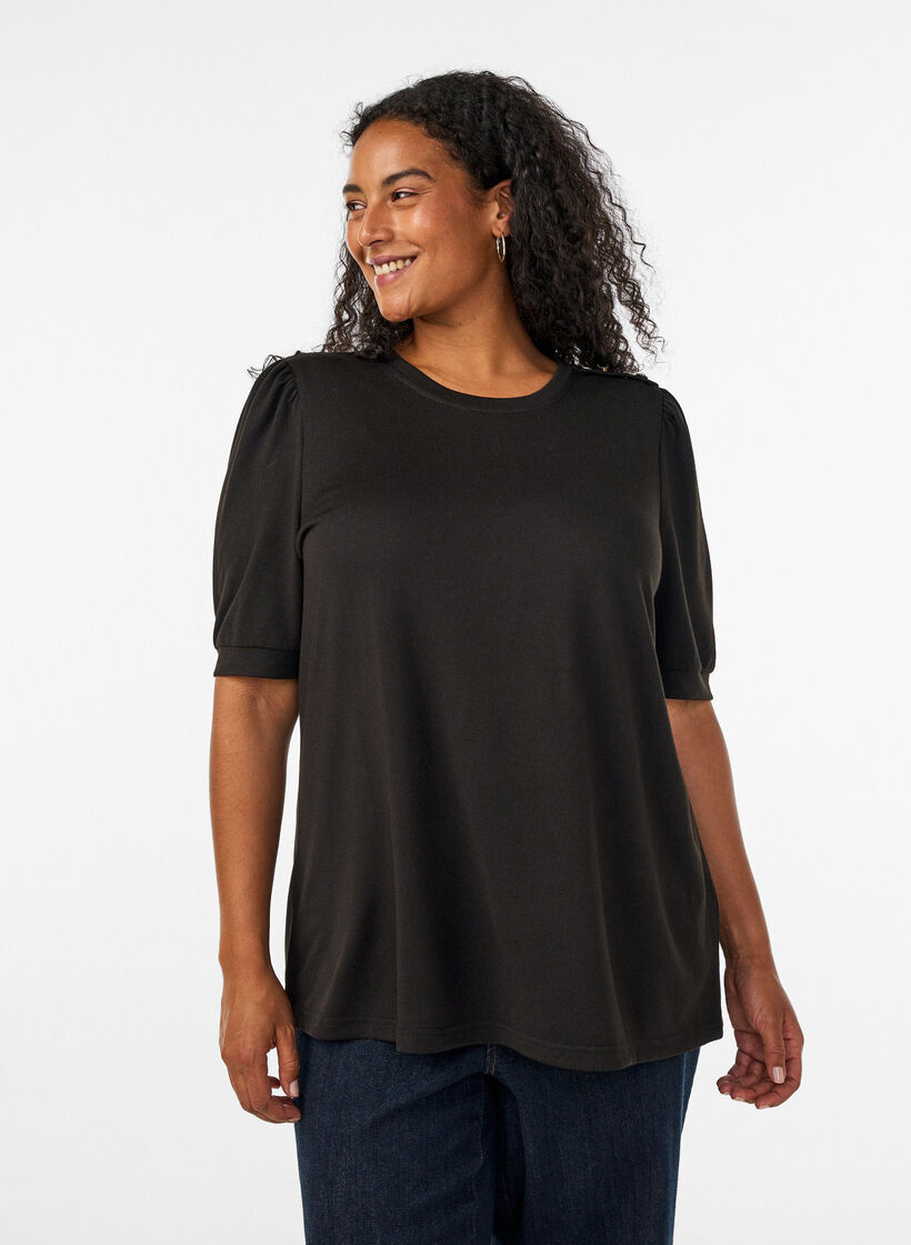 Blouse met knoopdetail en korte pofmouwen, Zwart, Model image number 0