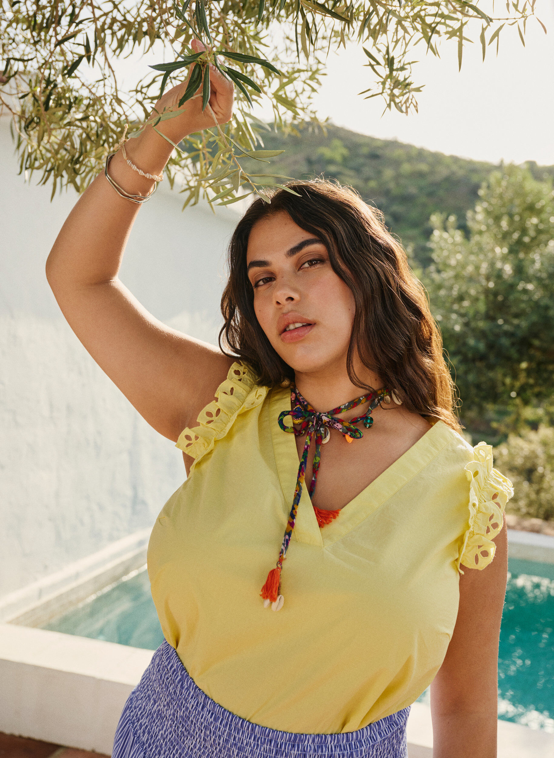 ZizziMouwloze katoenen top met ruches, Geel, Image image number 0