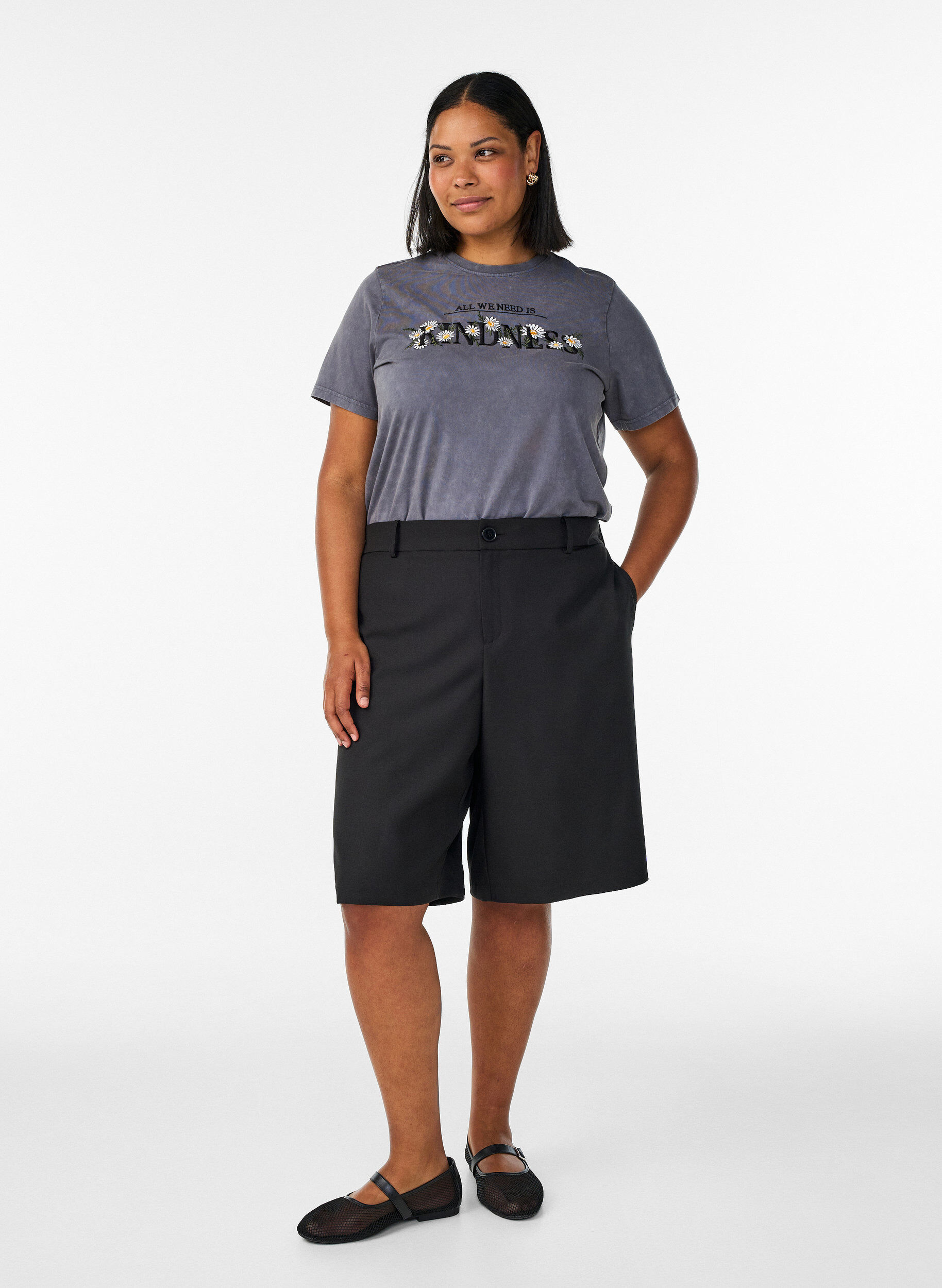 ZizziKatoenen T-shirt met gewassen look en geborduurd motief, Grijs, Model image number 1