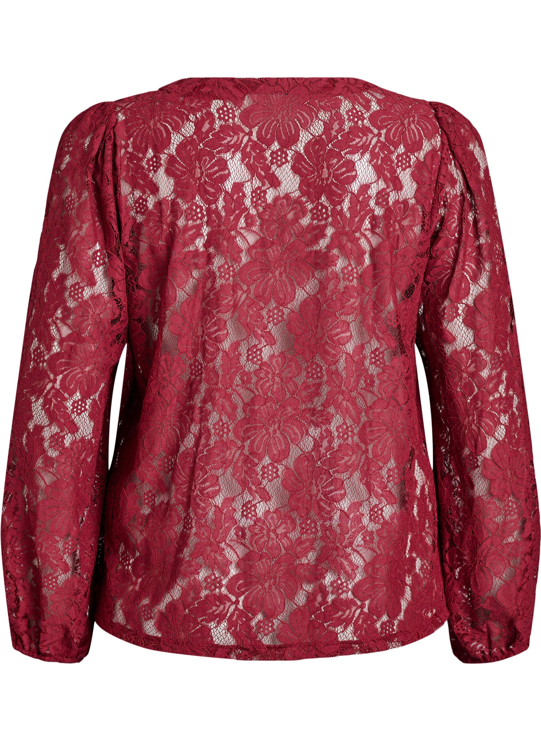 ZizziKanten blouse met open voorkant en strikbandjes, Donker Bordeaux, Packshot image number 1