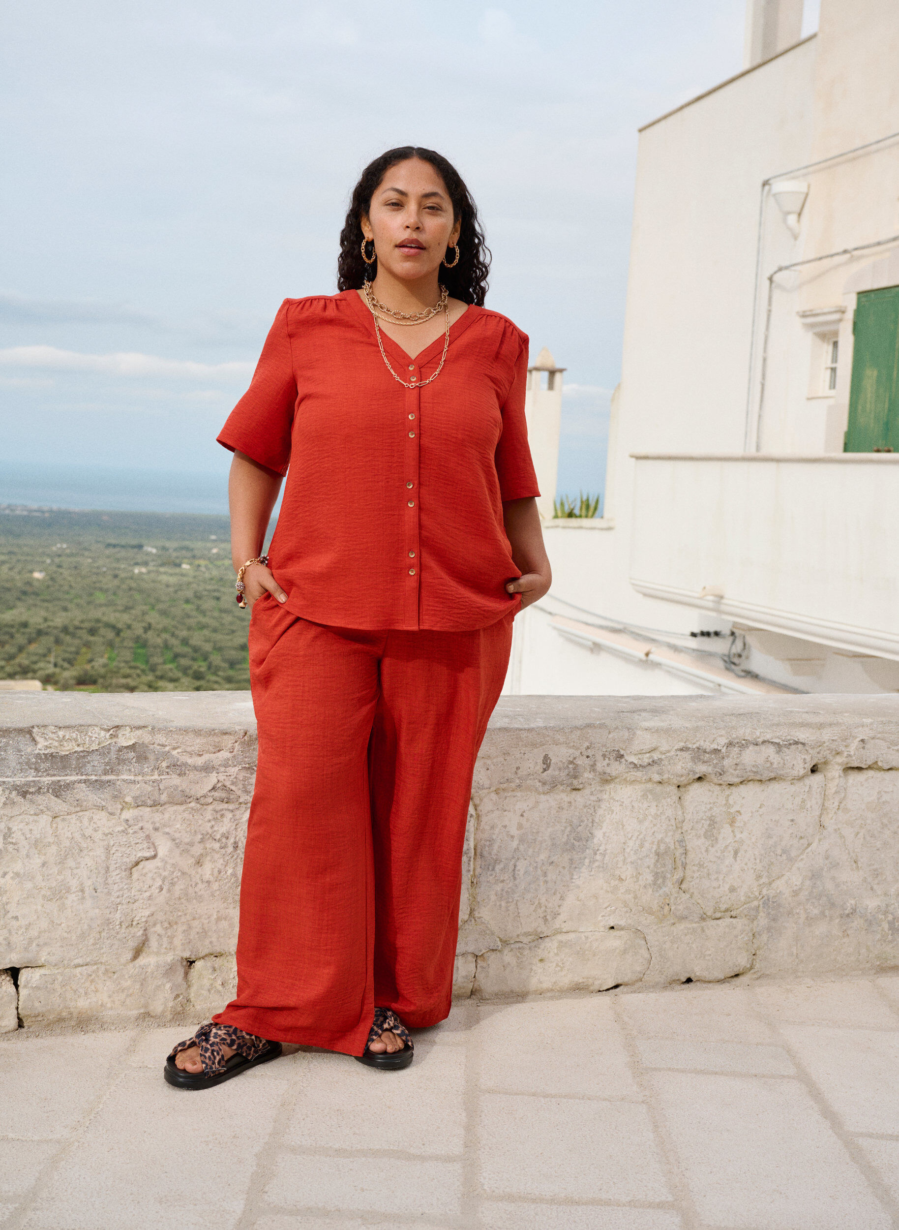 ZizziLosse broek met elastische tailleband en zakken, Rood, Image image number 0