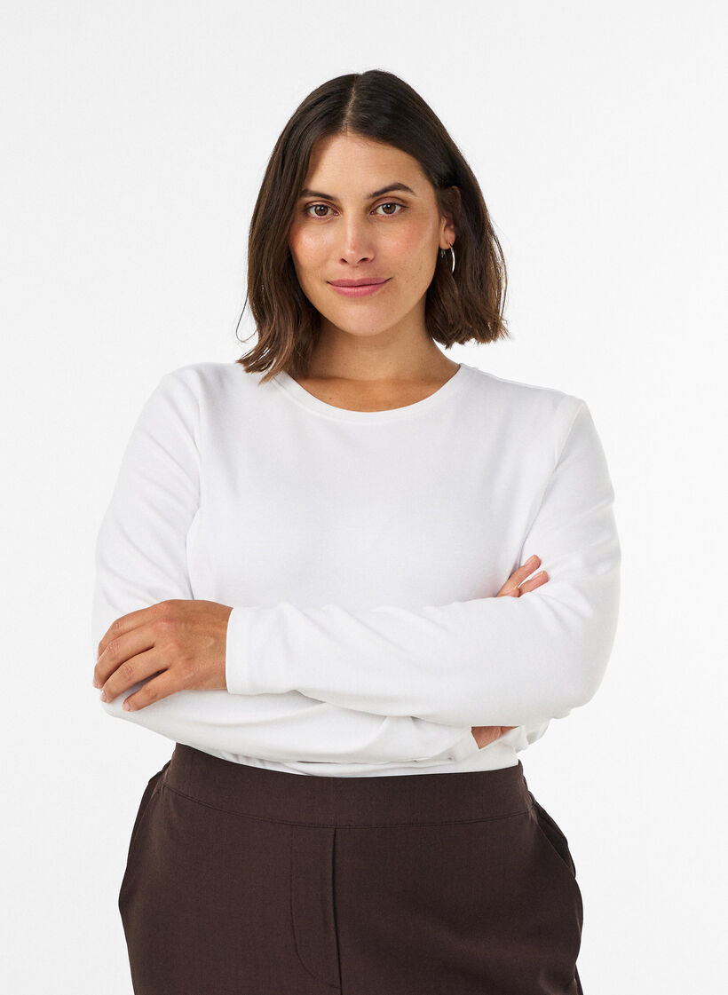 Basic T-shirt met ronde hals en lange mouwen, Wit, Model image number 0