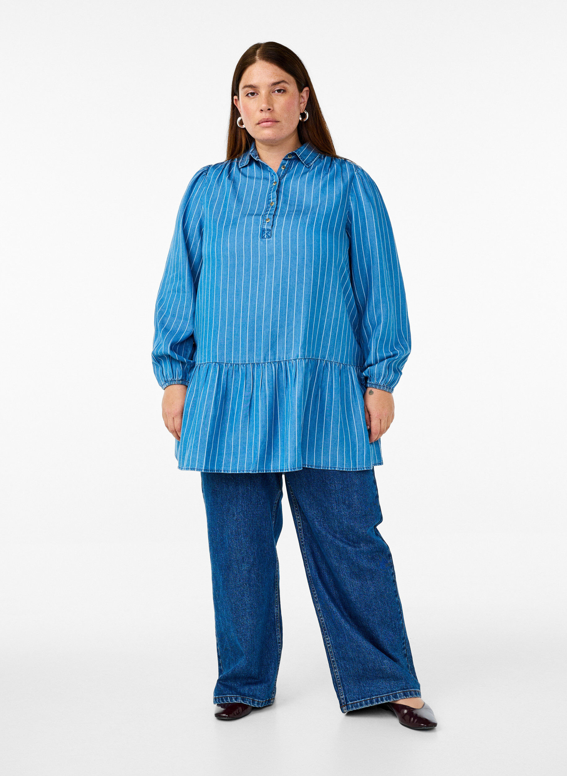ZizziGestreepte TENCEL&trade; denim tuniek, Blauw, Model image number 1