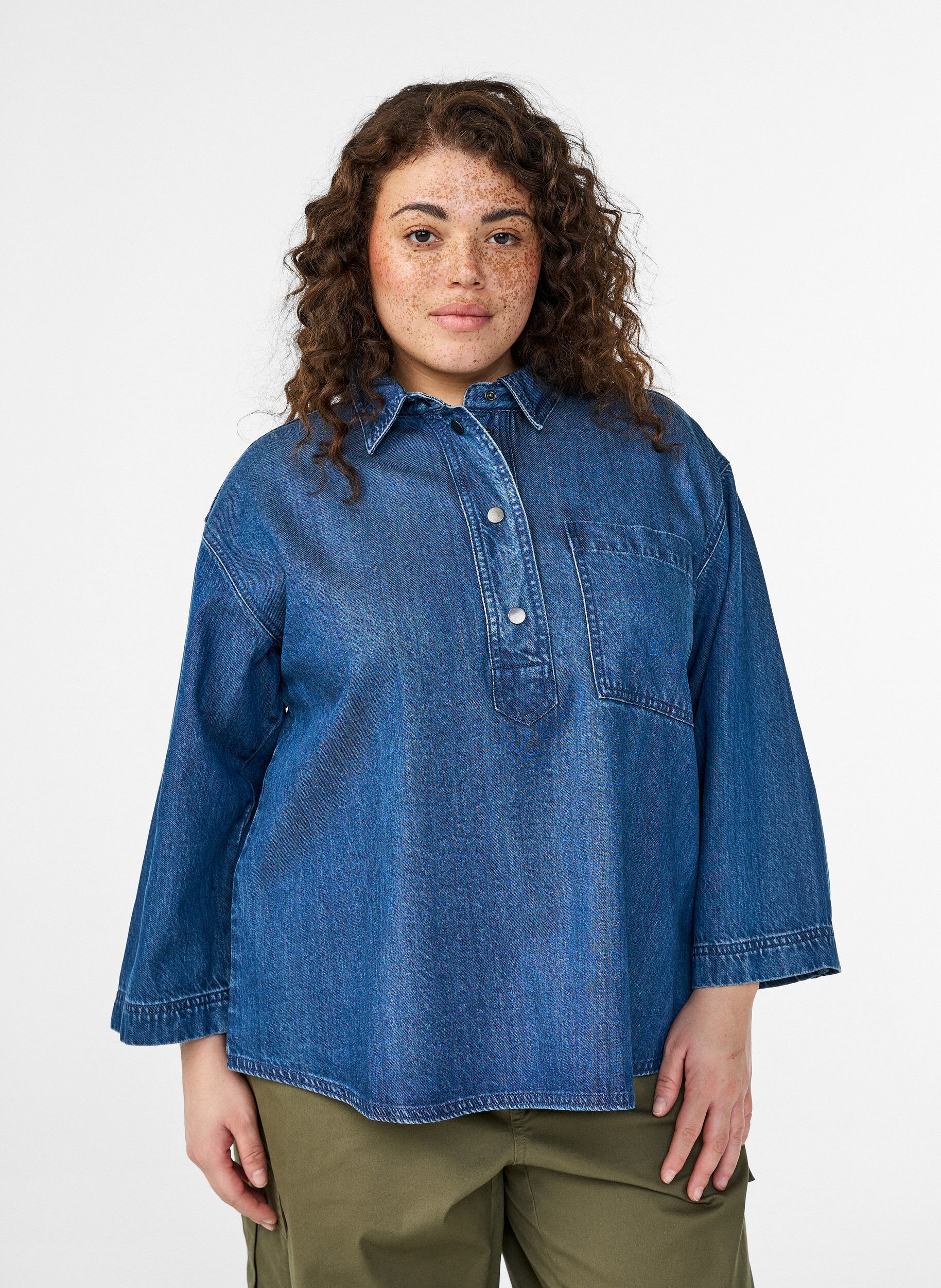 Los denimshirt met 3/4-mouwen, Blauw, Model