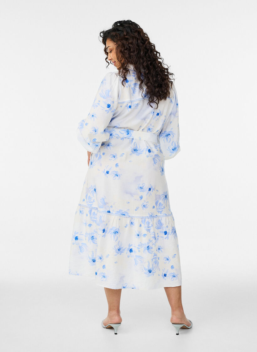 Floral midi-jurk met een riem en lange mouwen, Blauw, Model