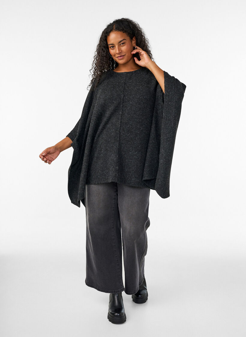 Poncho met ronde hals en breisel, Grijs, Model image number 1