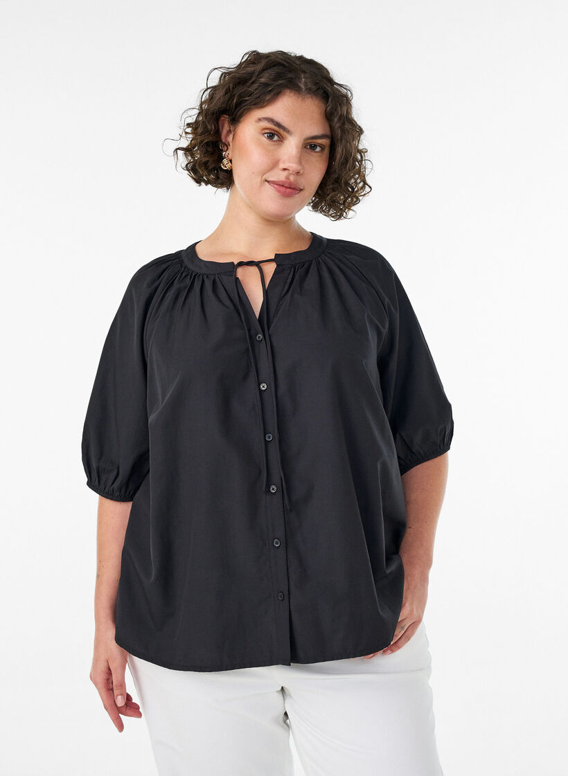 Overhemdblouse met knoopsluiting en strikceintuur, Zwart, Model image number 0