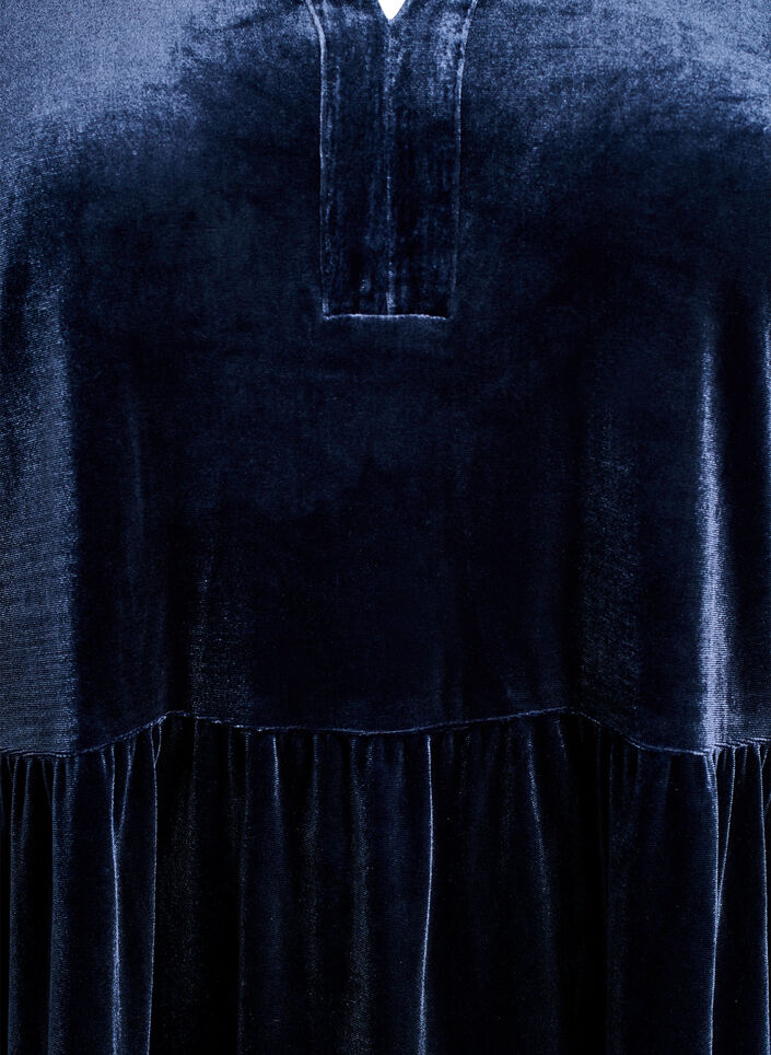 Veloursjurk met lange mouwen en een ruchekraag, Blauw, Packshot image number 2