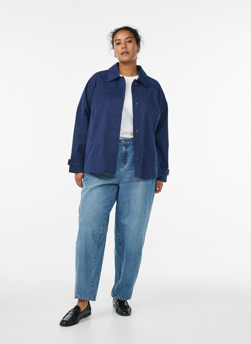 Korte trenchcoat met kraag en raglanmouwen, Blauw, Model image number 1