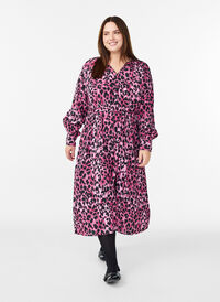 Midi jurk met knoopsluiting en strikceintuur, Roze Midi jurk met knoopsluiting en strikceintuur, Roze, Model